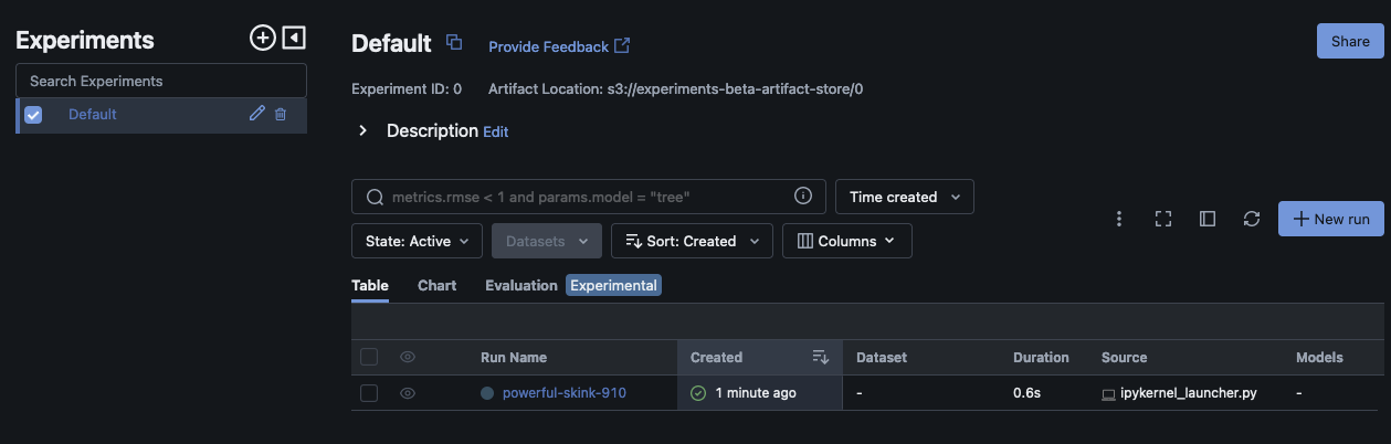 An experiment shown in the top-level MLflow Experiments menu.