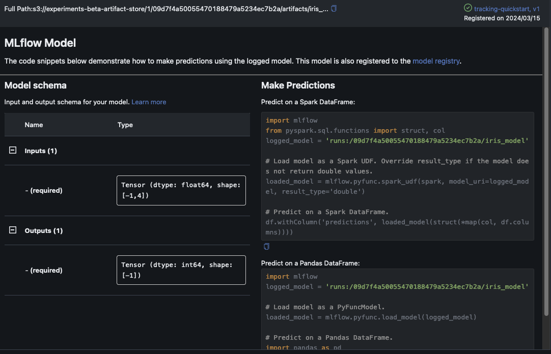 Tracked model artifacts for an experiment run in the MLflow UI.