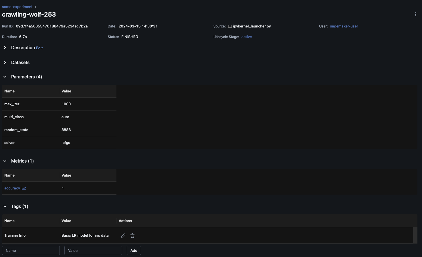 Tracked parameters for an experiment run in the MLflow UI.