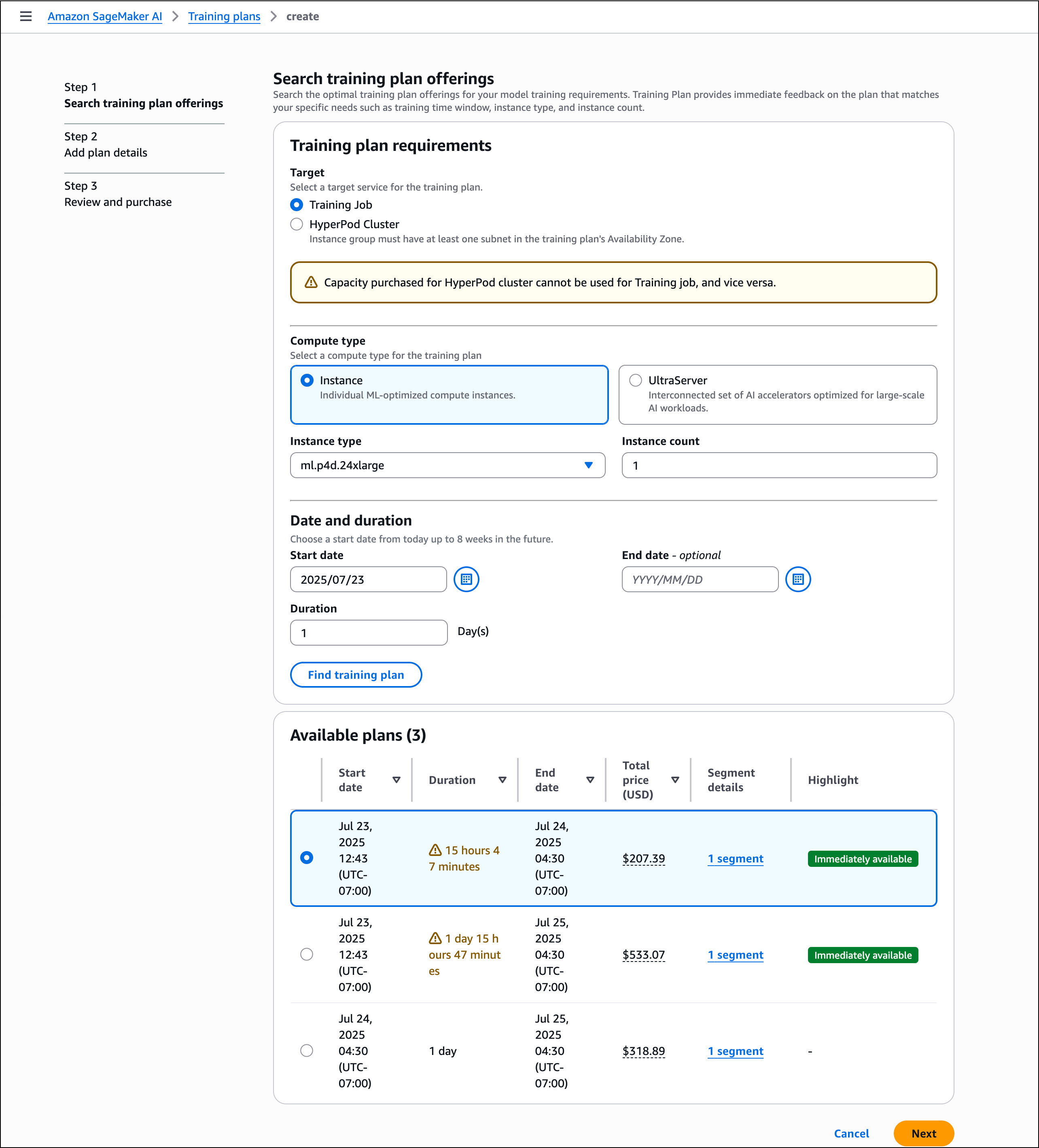 SageMaker AI console showing the Search training plan offerings page with input fields for plan requirements and the Available plans section displaying details of three found plans with varying durations, prices, and availability status.