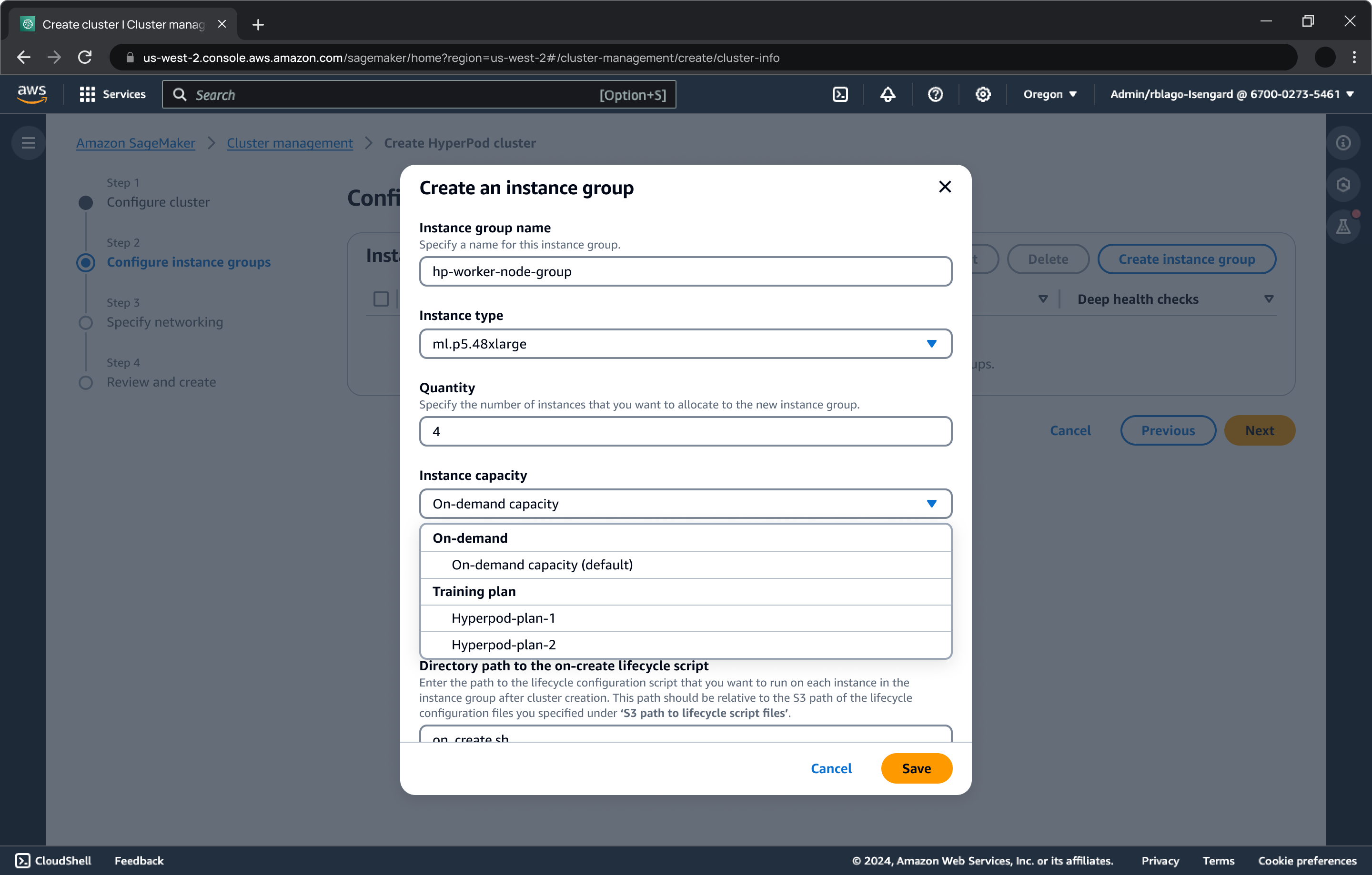 SageMaker AI console interface showing a modal window for creating an instance group within an SageMaker HyperPod cluster. The form includes fields for instance group name, instance type, quantity, instance capacity (with options for on-demand and training plans), and a directory path for on-create lifecycle script.