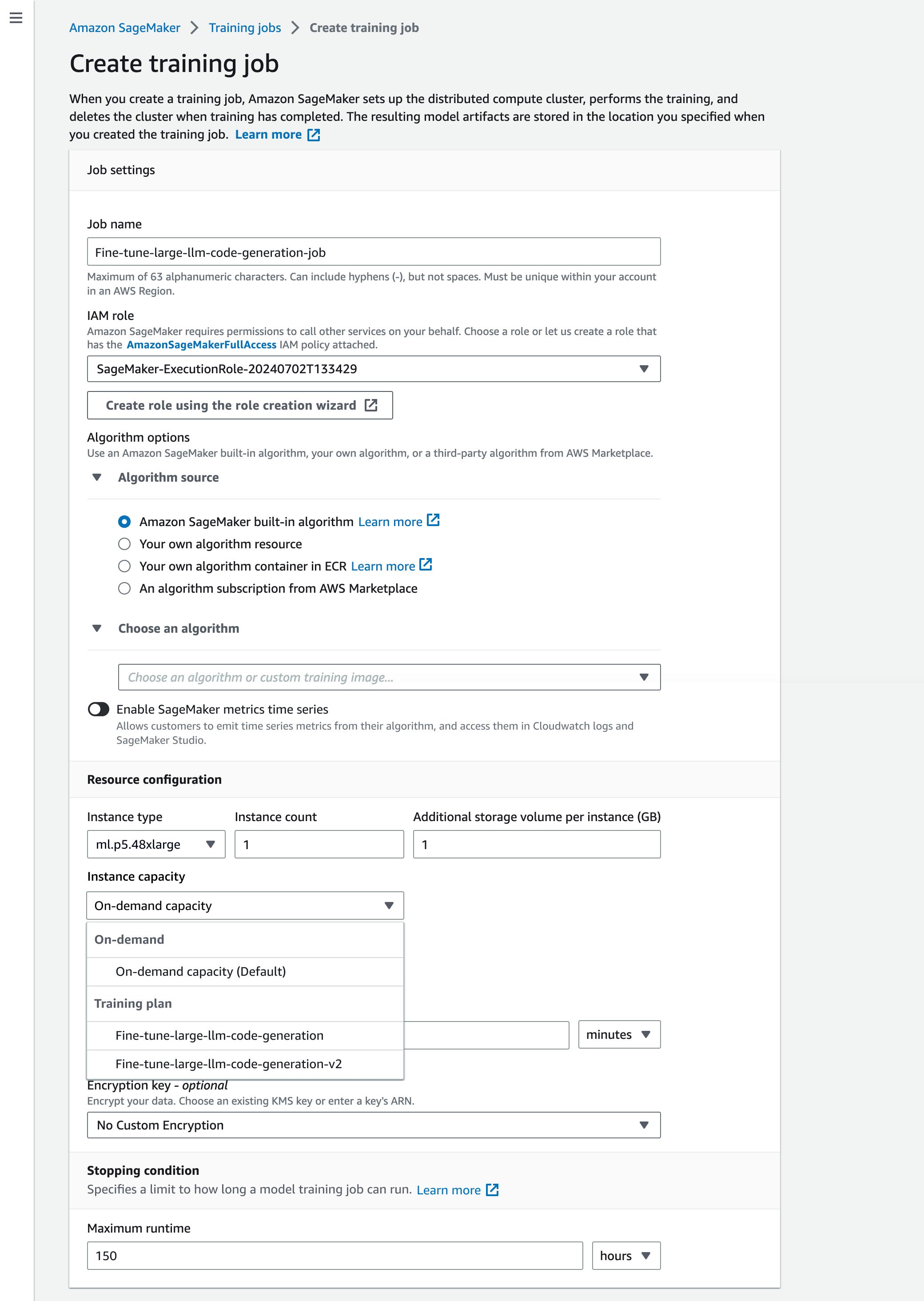 SageMaker AI console page for creating a new training job. The page displays various configuration options including job settings, algorithm options, resource configuration, training plan selection, and stopping conditions.