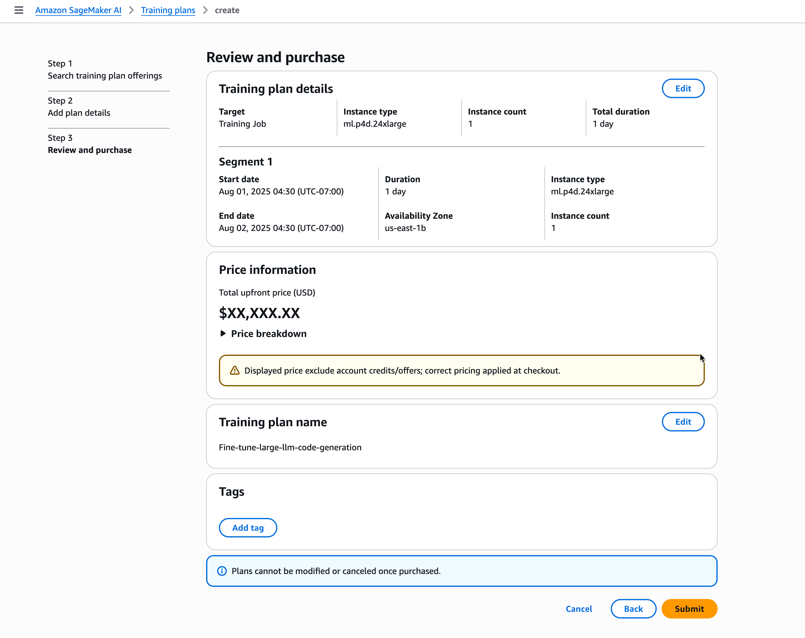 SageMaker AI console showing the "Review and purchase" page for a training plan. The page displays training plan details, segment information, price, plan name, and tags. Options to edit, cancel, go back, or create the plan are available.