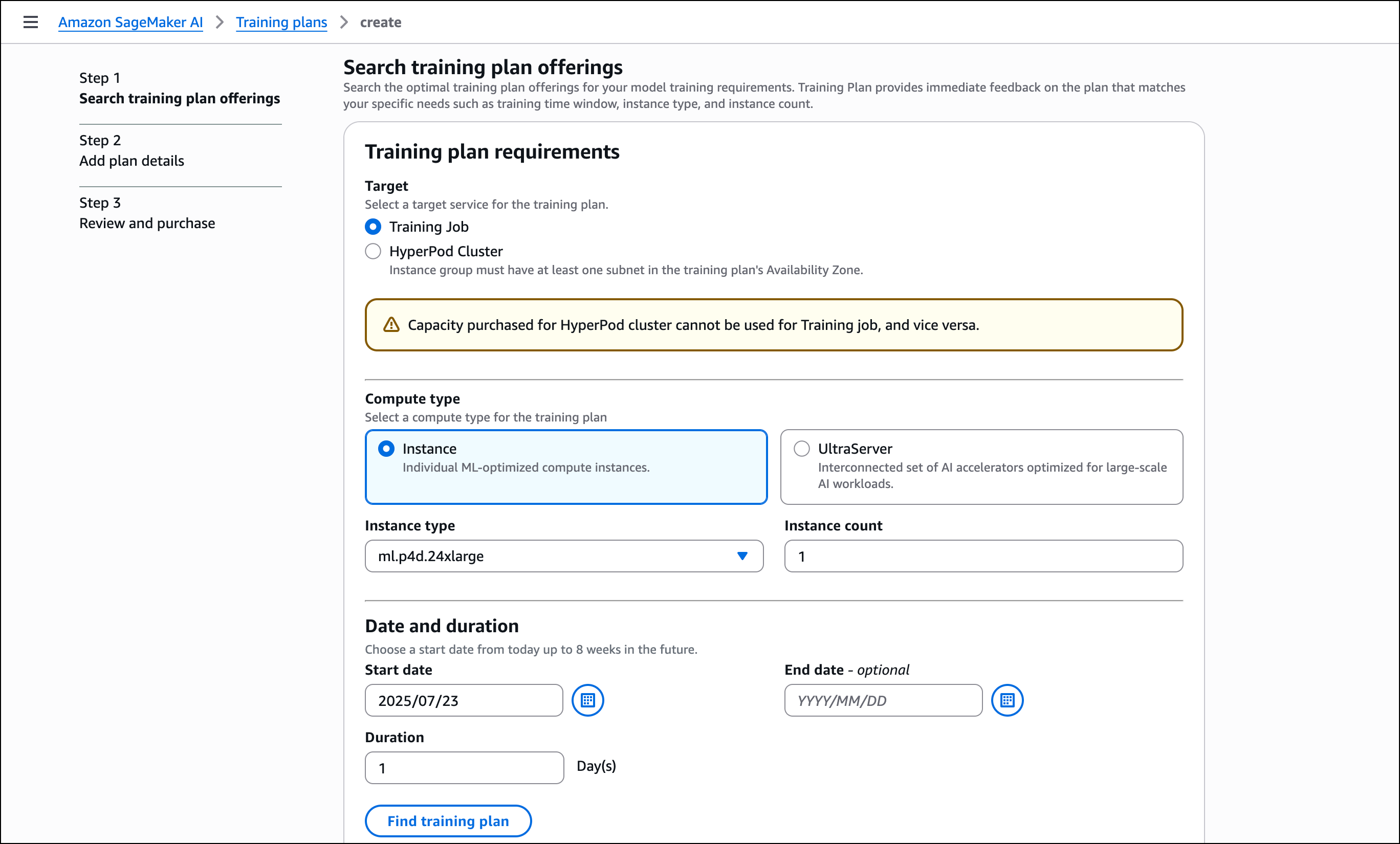 SageMaker AI console showing the Search training plan offerings page. The interface displays options to select the target resource for the plan (Training job or HyperPod cluster), specify instance type and count, set start and end dates, and input duration. A Find training plans button is visible at the bottom of the form.