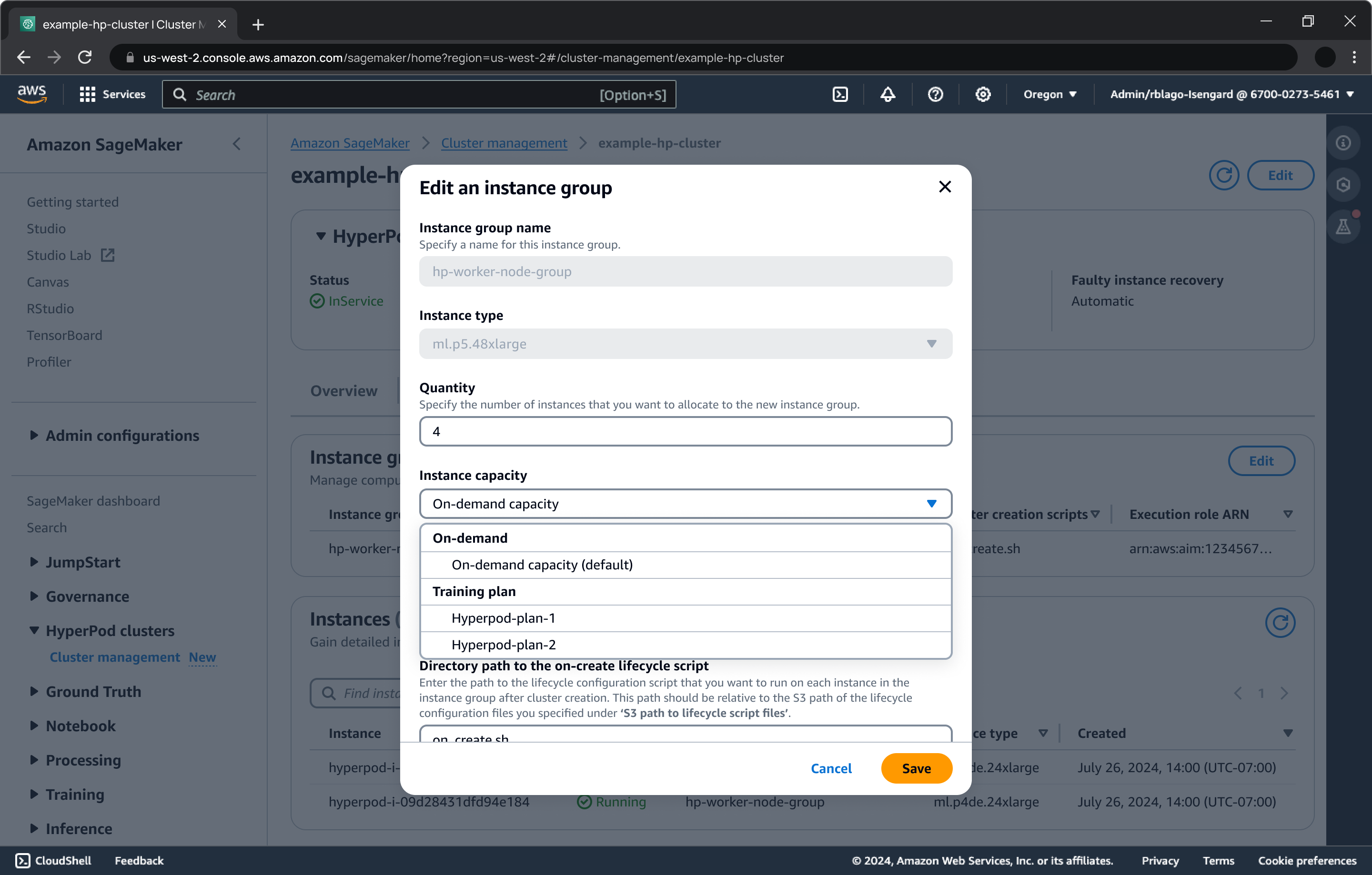 SageMaker AI console interface showing a modal window for updating an instance group within an SageMaker HyperPod cluster. The form includes fields for instance group name, instance type, quantity, instance capacity (with options for on-demand and training plans), and a directory path for on-create lifecycle script.