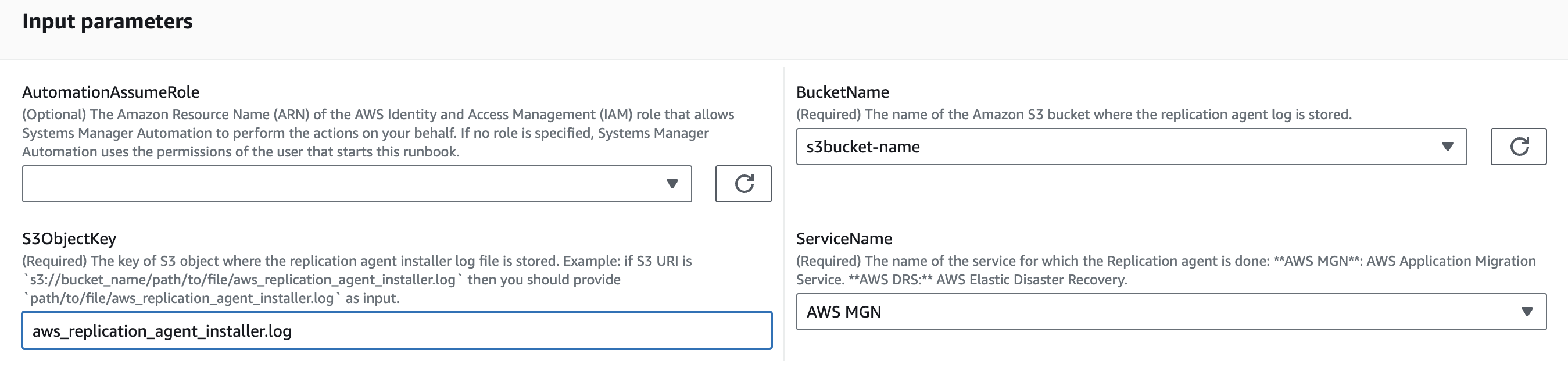 Input parameters form with fields for AutomationAssumeRole, BucketName, S3ObjectKey, and ServiceName.
