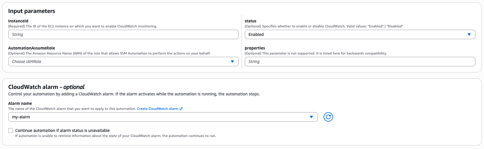 The CloudWatch alarm section of the Systems Manager Automation console showing alarm selection and the option to continue when alarm state is unavailable.
