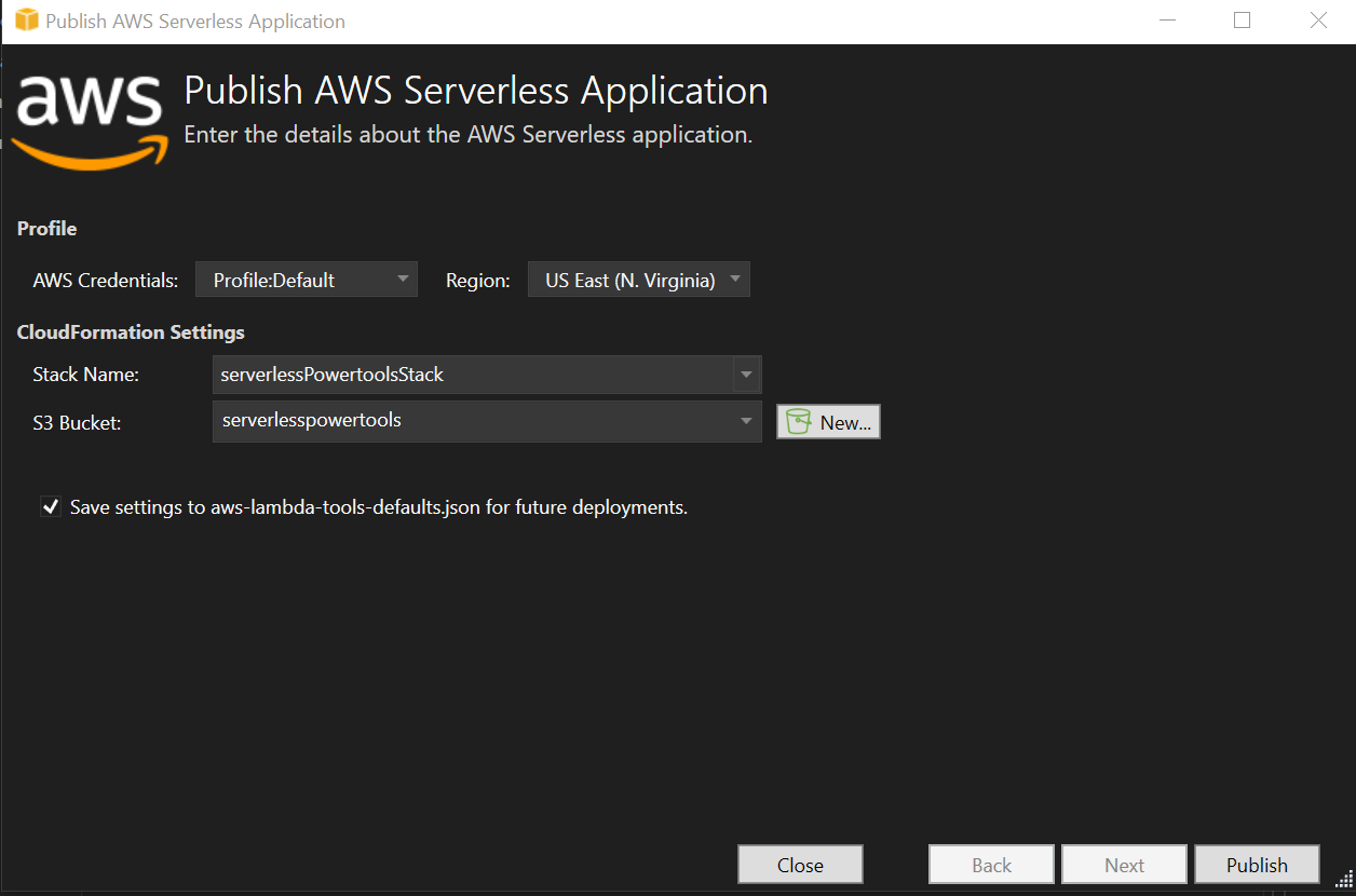 Image of the Publish Amazon Serverless Application dialog.