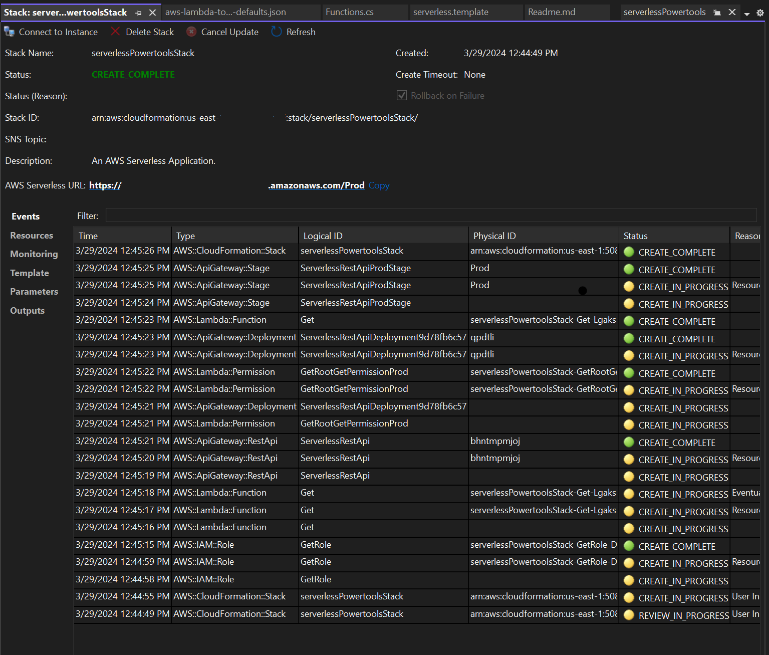 Image of the deployment stack view window in visual studio.