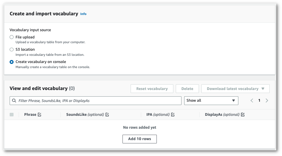 Amazon Transcribe console screenshot: the 'create and import vocabulary' page.