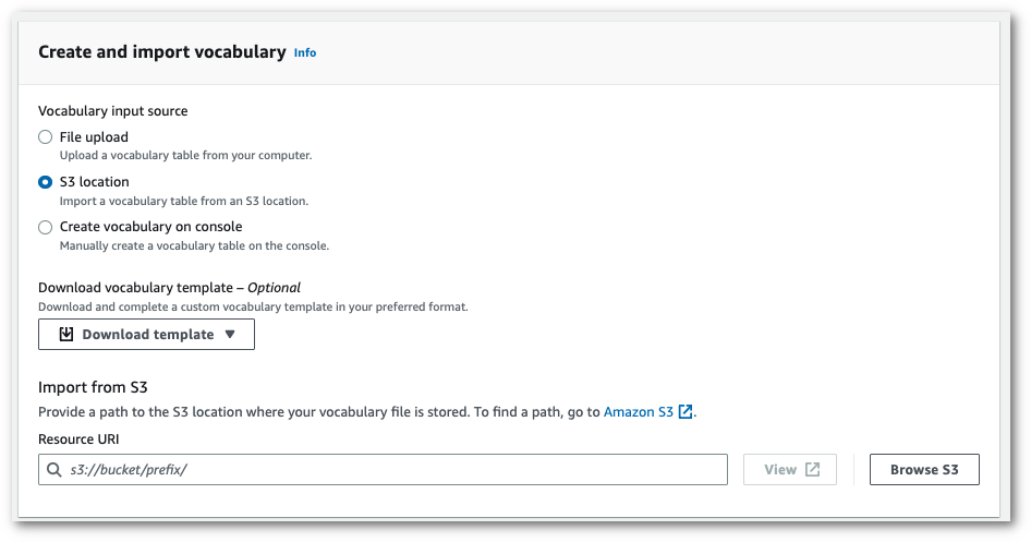 Amazon Transcribe console screenshot: the 'create and import vocabulary' page.