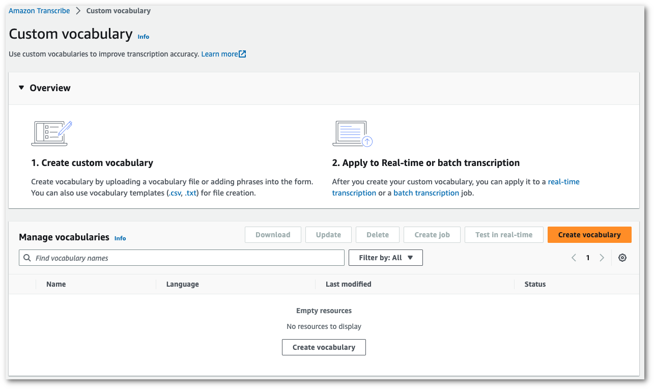 Amazon Transcribe console screenshot: the 'custom vocabulary' page.