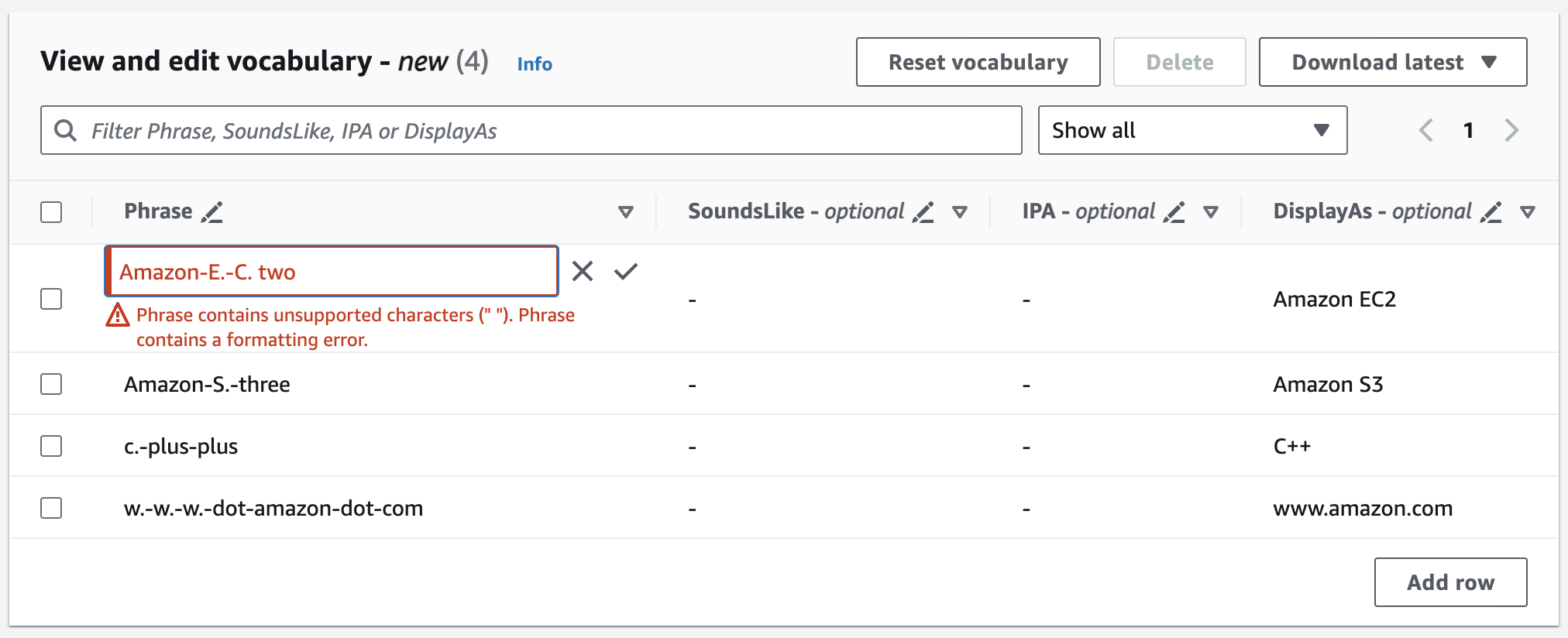 Amazon Transcribe console screenshot: the 'create and edit vocabulary' pane.