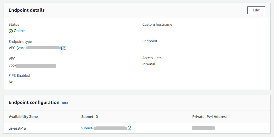 The server details console page for an AS2 server showing the endpoint details section.