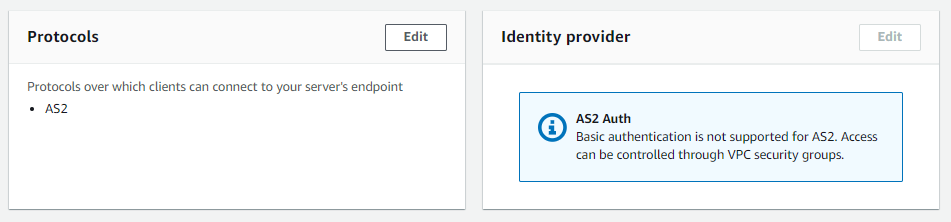 The server details console page for an AS2 server showing protocol and identity provider section.