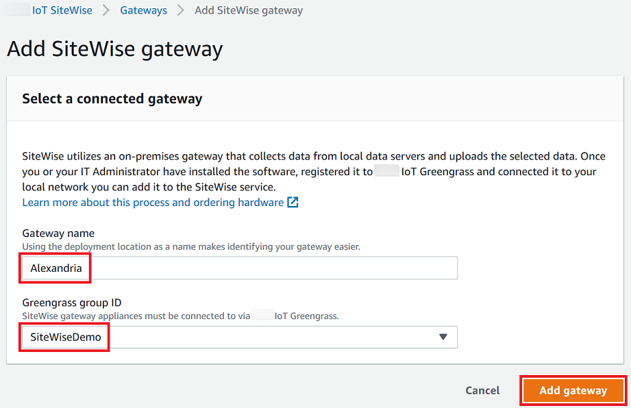 
                              Amazon IoT SiteWise “Add gateway (添加网关)”页面屏幕截图。
                            