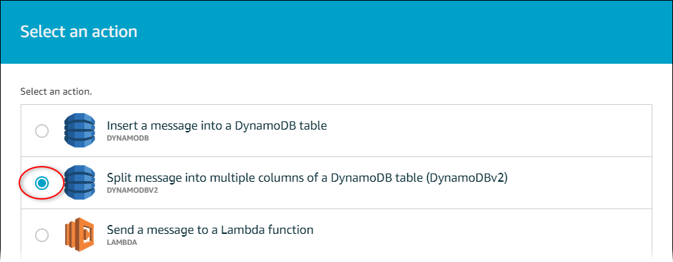 
            Amazon IoTCore “Select an action (选择操作)” 页面屏幕截图，并突出显示了 DynamoDB 操作。
          