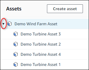 Amazon IoT SiteWise “Demo Wind Farm Asset” 层次结构屏幕截图。