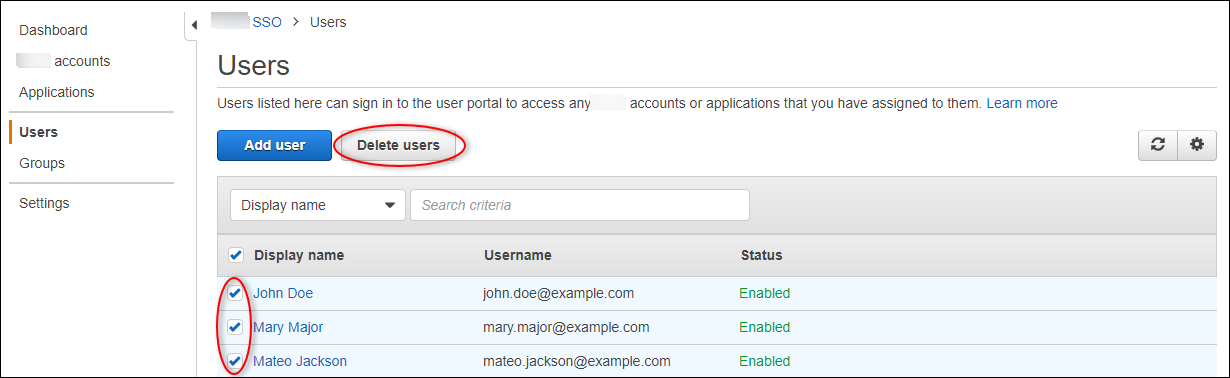 
            IAM 身份中心 “Users (删除用户)” 页面，其中突出显示了 “Delete (
          