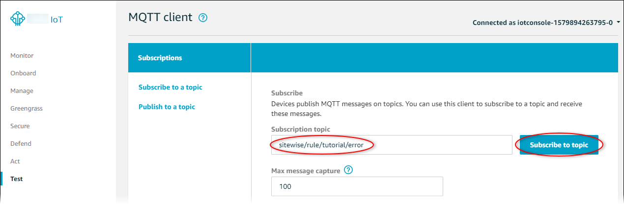 
            Amazon IoT Core “MQTT client (MQTT 客户端)”页面屏幕截图，其中突出显示了“Subscribe to topic (订阅主题)”按钮。
          