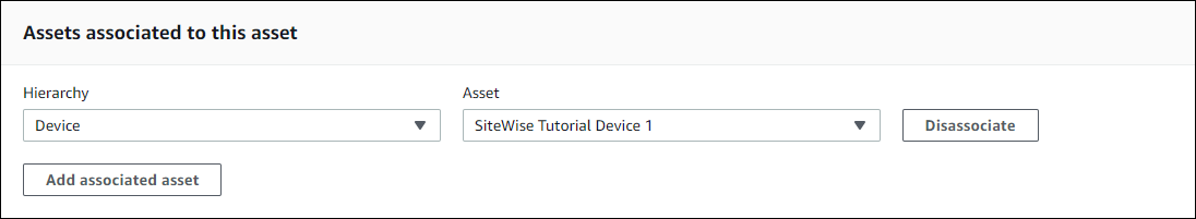 
            Amazon IoT SiteWise “与此资产关联的资产” 屏幕截图SiteWise Tutorial Device Fleet资产。
          
