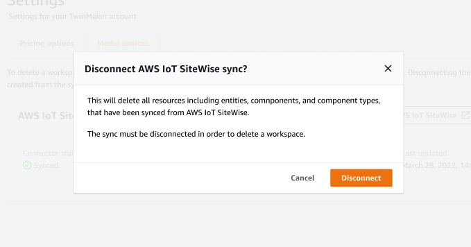 断开 Amazon IoT SiteWise 同步对话框包含取消或断开同步作业的按钮。
