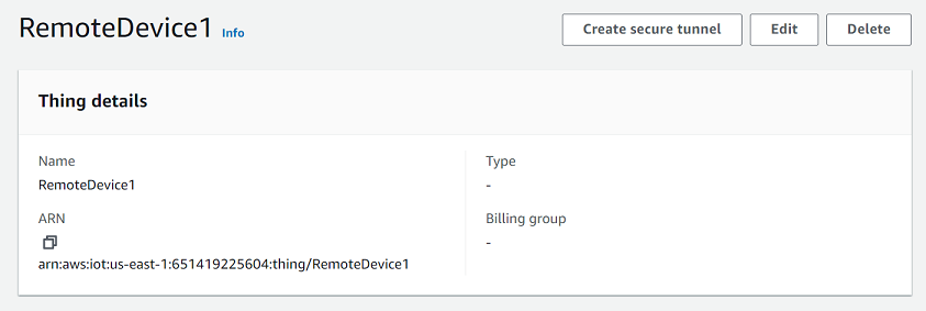 显示了名为“RemoteDevice1”的设备及其 Amazon 资源名称（ARN）的详细信息。