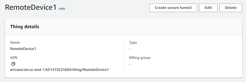 显示名为 “RemoteDevice1” 的设备的详细信息及其亚马逊资源名称 (ARN)。