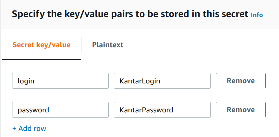 
                        此屏幕截图显示两个关键-值对。第一个密钥是 “登录”，值是你的 Kantar 登录名。第二个密钥是 “密码”，值是你的 Kantar 密码。
                    