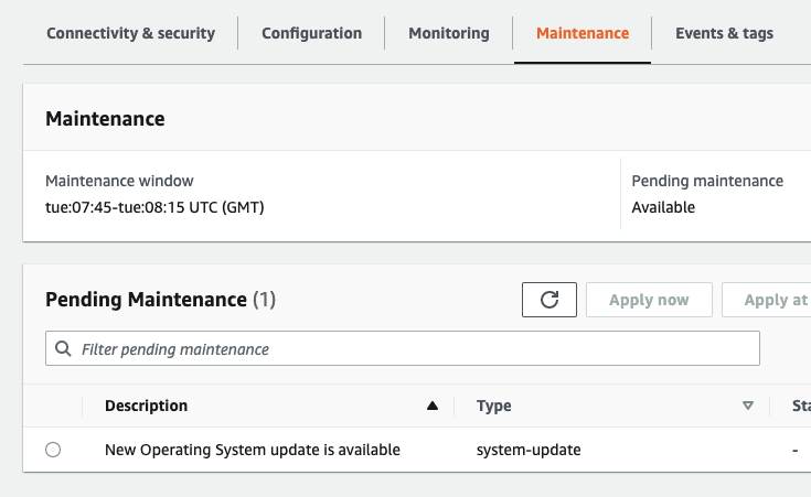 显示 Amazon Web Services Management Console 维护部分的图像以及可用的操作系统更新。