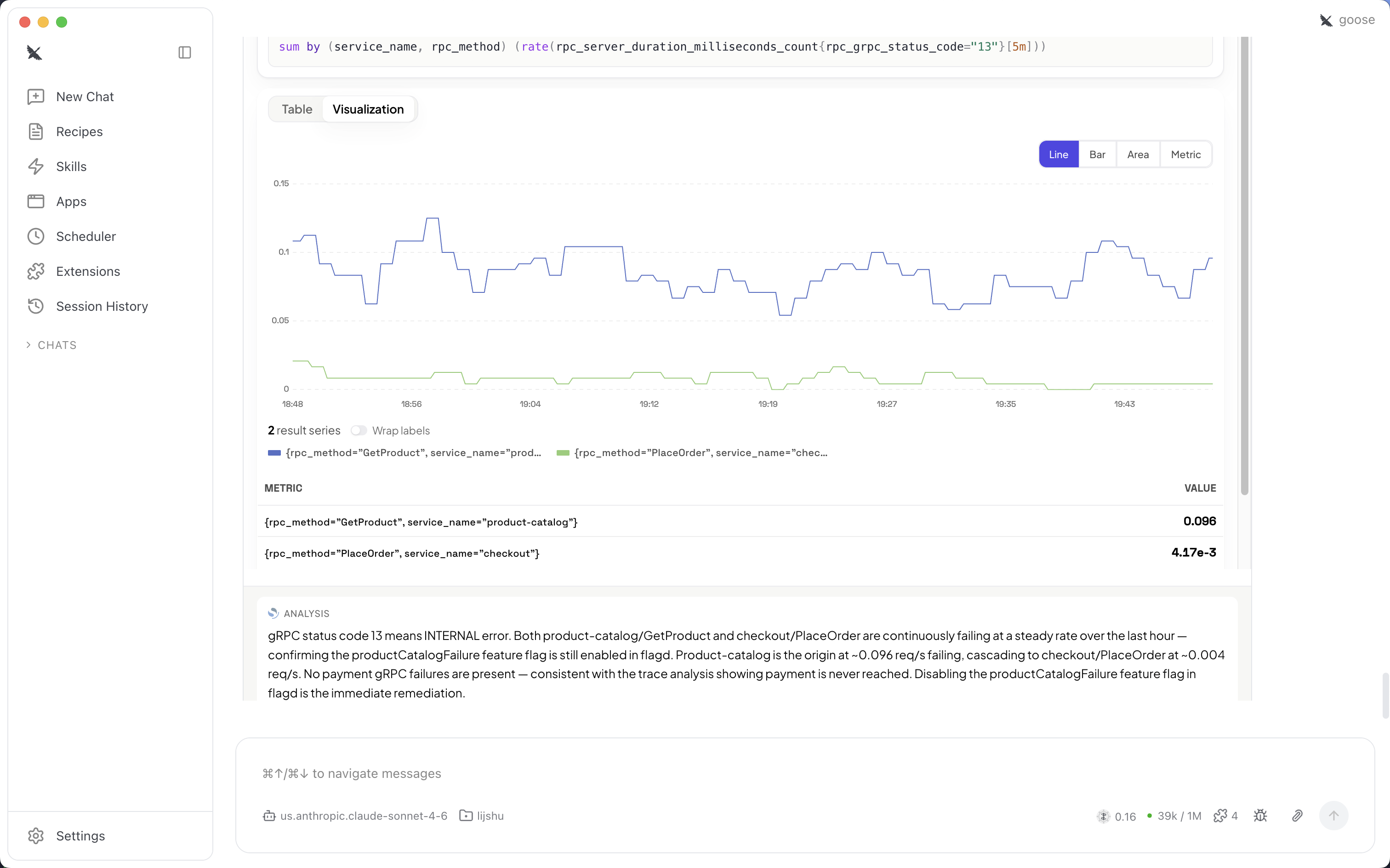 MCP App 指标可视化显示 PromQL 折线图，其中包含结果系列和指标值表。