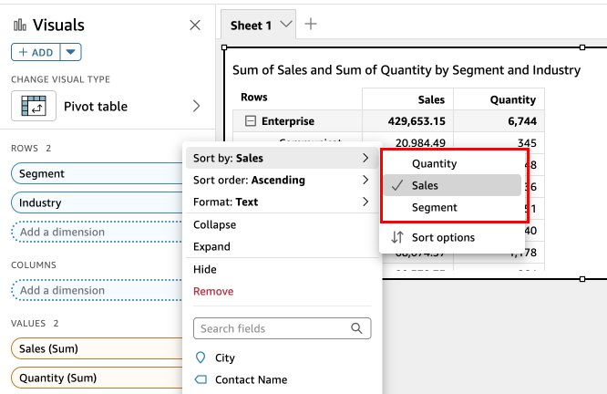 “行”字段井中字段的图像，其中字段依据字段和排序图标用红框表示。