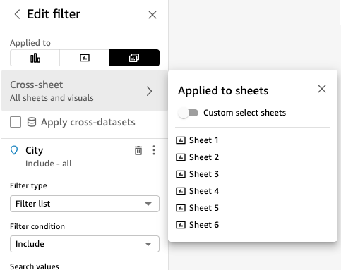 这是 QuickSight 带有选定自定义工作表的 “编辑过滤器” 的图像。