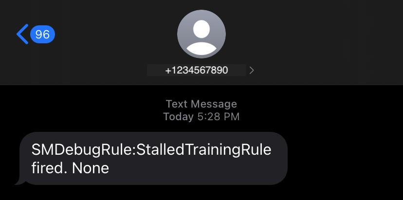 
                    Debugger 在检测到 StalledTraining 问题时发送的示例短信通知。
                