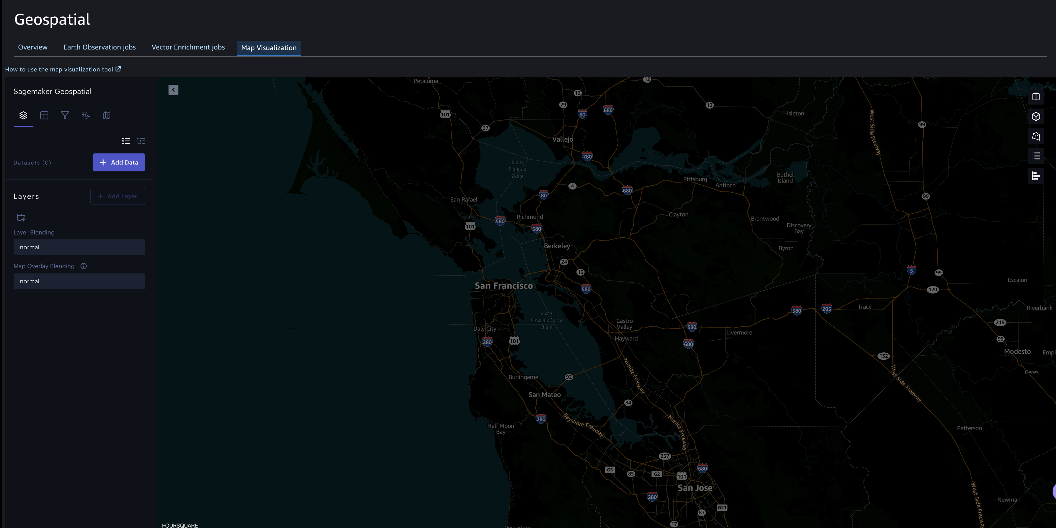 使用 SageMaker 地理空间功能的可视化工具显示了加利福尼亚海岸地图。