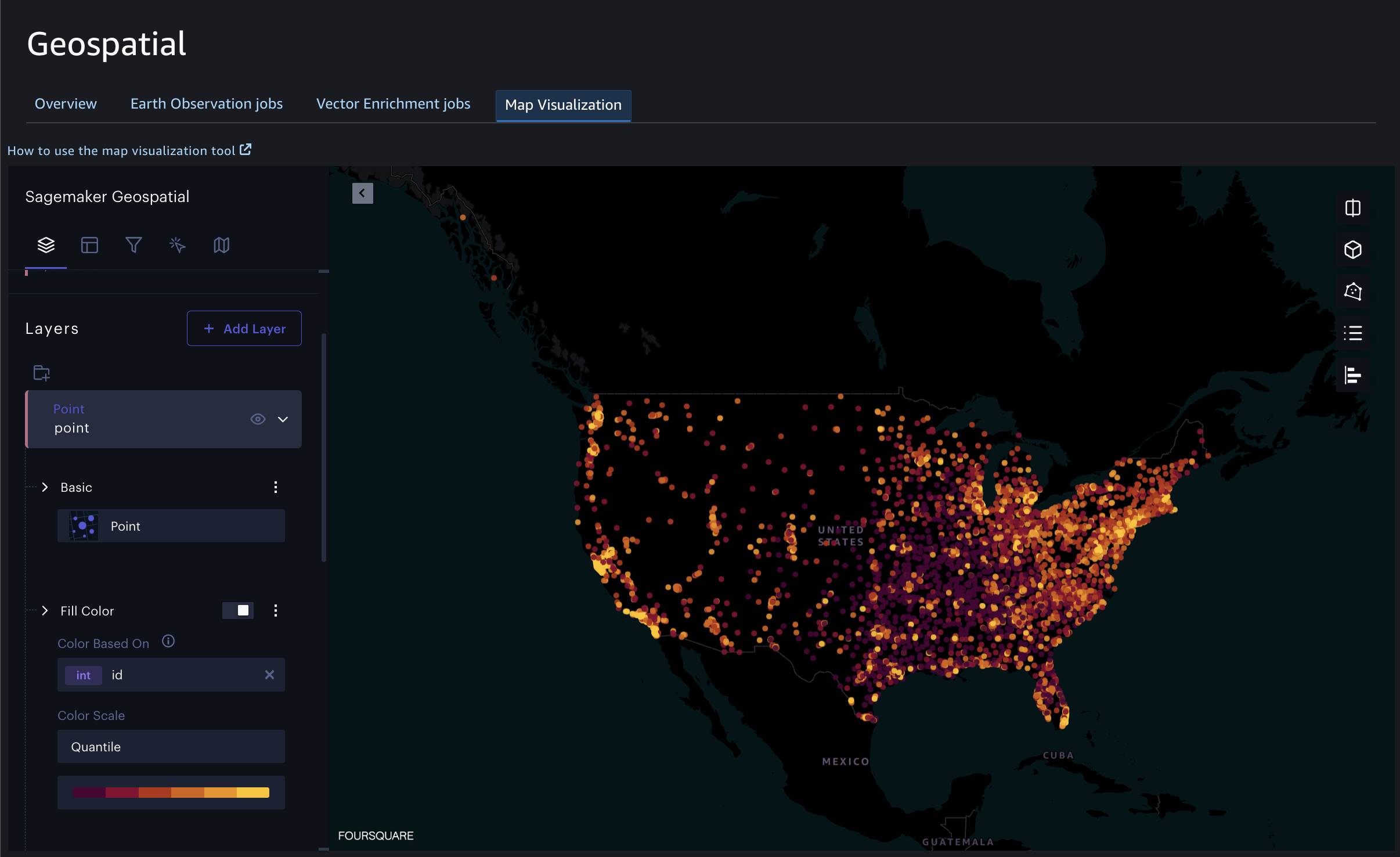 带有美国地图数据点的图层面板，由 SageMaker SageMaker 地理空间功能支持。