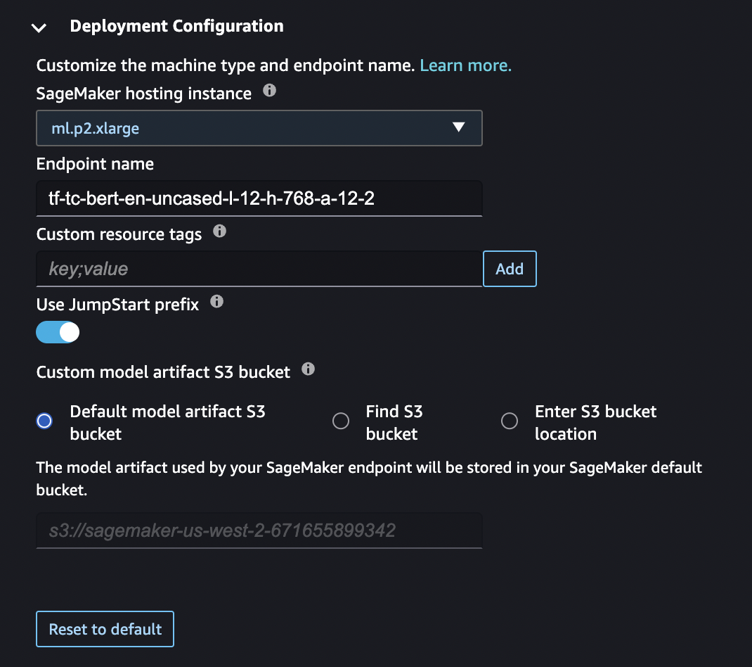 JumpStart Deploy Model pane with Deployment Configuration open to select its settings.