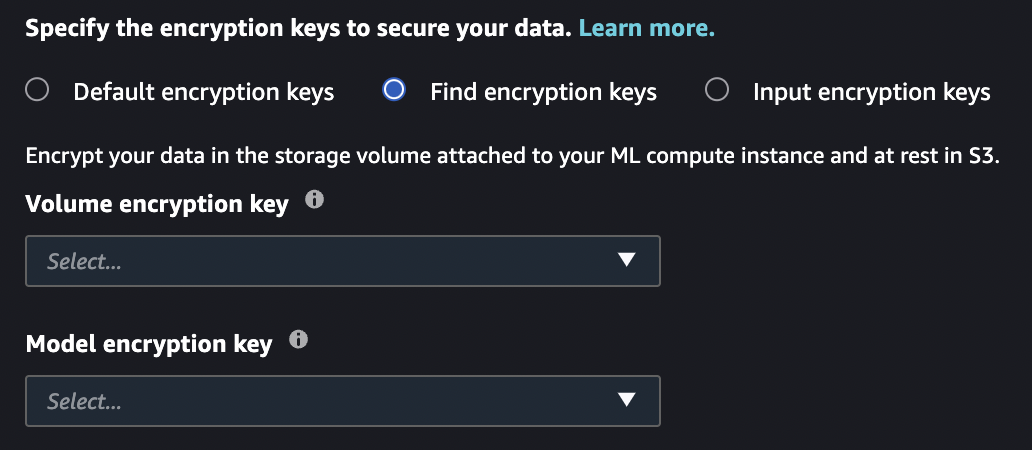 JumpStart Security Settings encryption section with Find encryption keys selected.