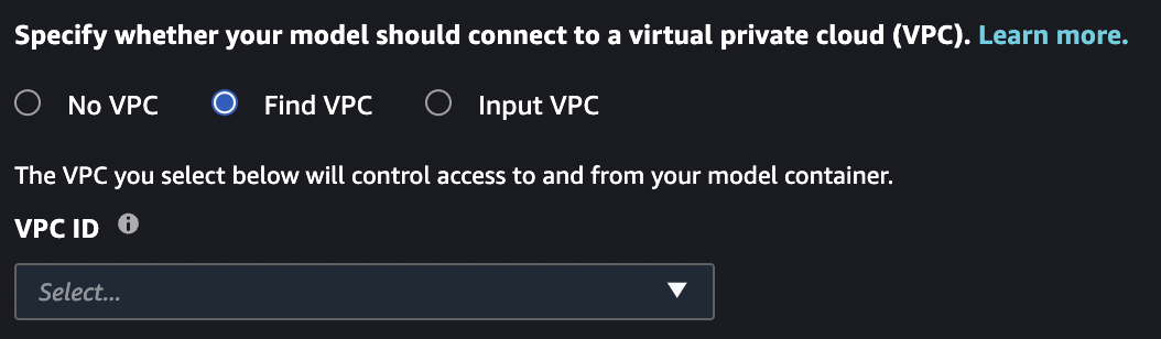 JumpStart Security Settings VPC section with Find VPC selected.