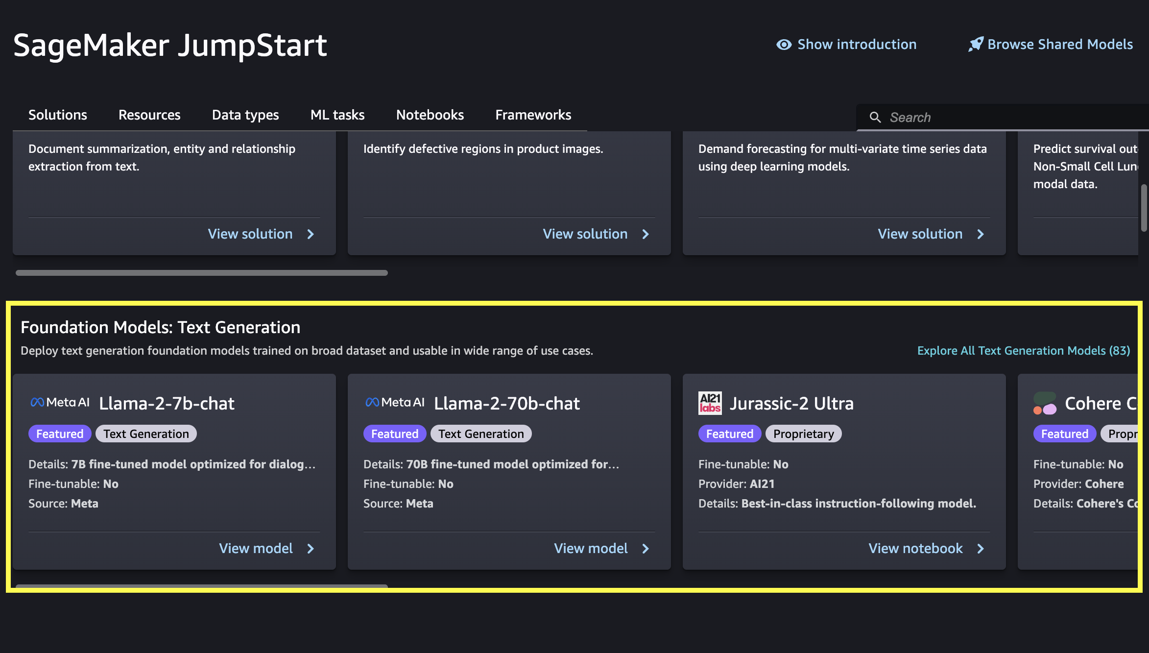JumpStart foundation models available to deploy, train, and fine-tune directly in Amazon SageMaker Studio.