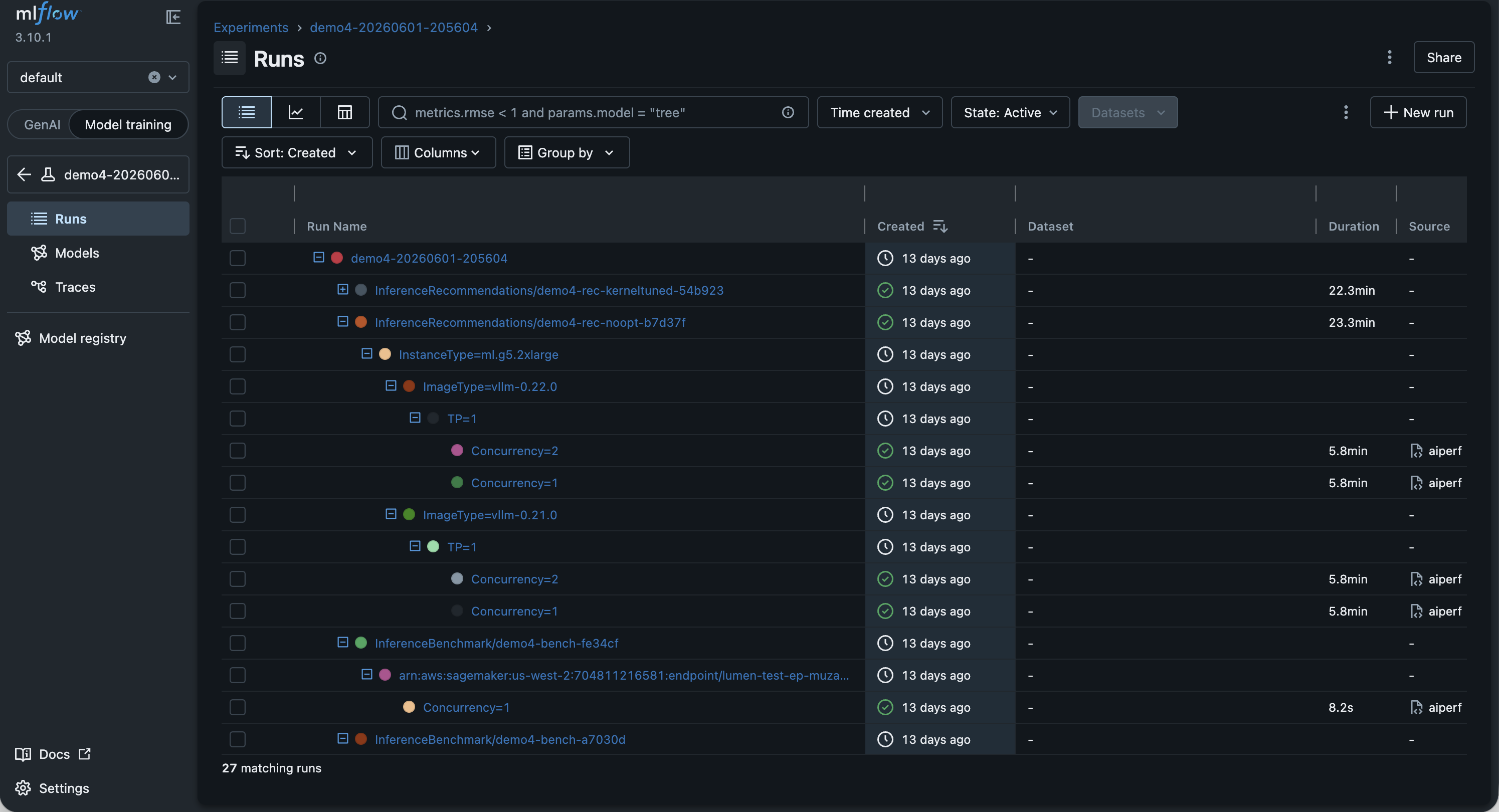 mlFlow UI Runs 视图显示了顶级运行，该视图会扩展为每个作业、实例类型、图像类型和并发级别的嵌套子运行。