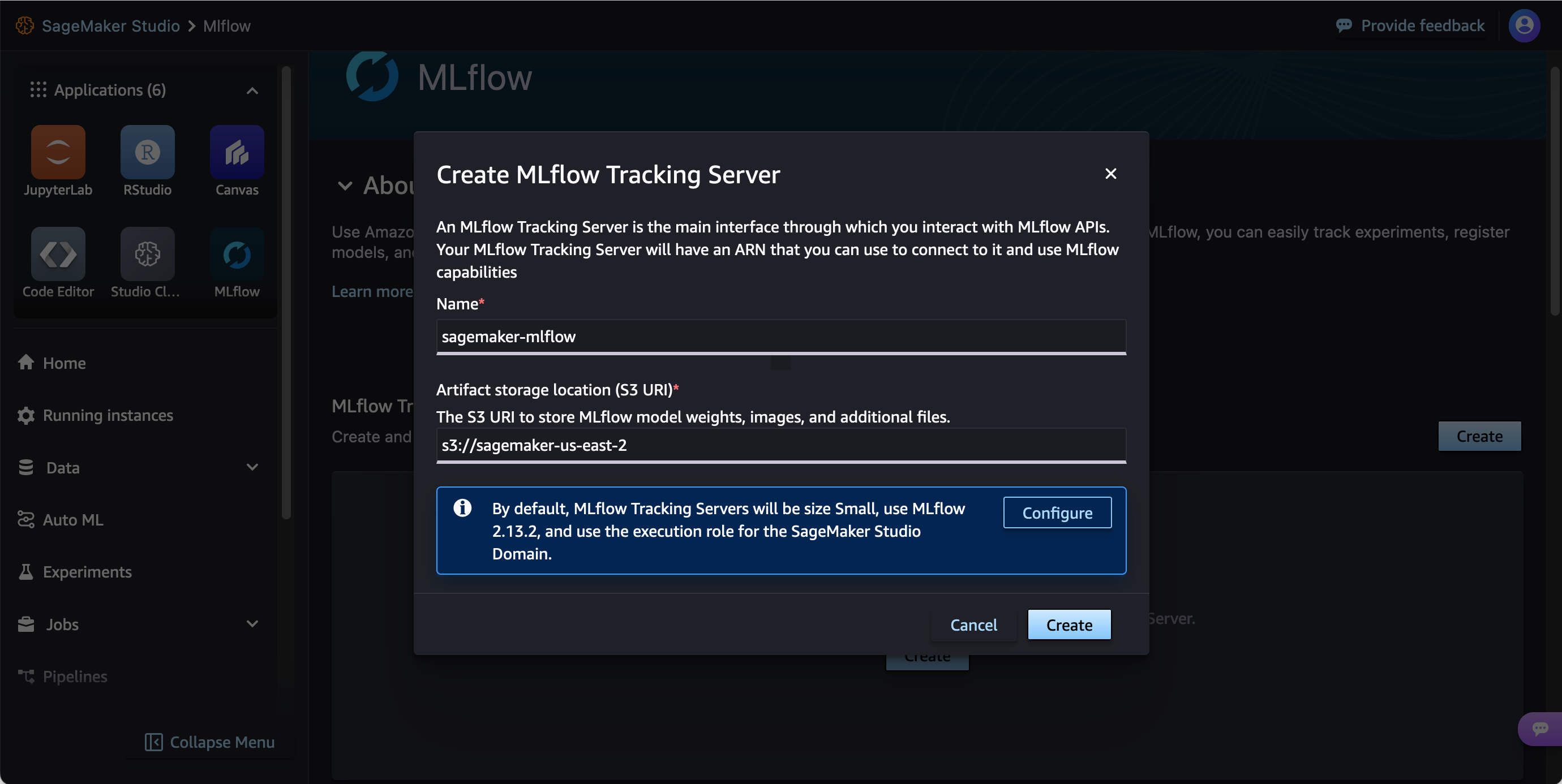 Studio 用户界面中的创建 mlFlow 跟踪服务器提示符。