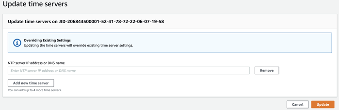 更新时间服务器页面显示 NTP 时间服务器 IP 地址字段和“更新”按钮。