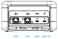 
                    Snowcone 设备的后面板显示了 RJ45、USB-C 和 USB-C PD 连接端口。
                