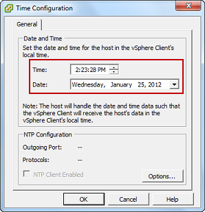 
                                vSphere 时间配置屏幕，其中突出显示了时间和日期字段。
                            
