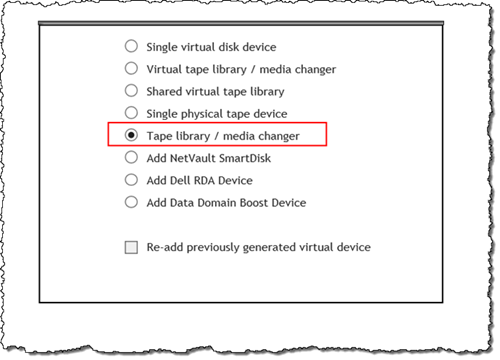 NetVault 在选择磁带库媒体更换器的情况下添加存储向导屏幕。