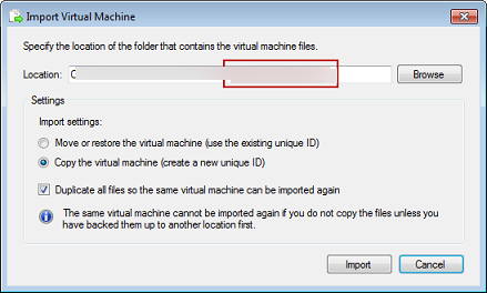 Hyper-V Manager 导入虚拟机窗口，其中突出显示了文件路径的最后一部分。