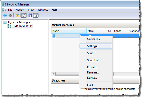 Microsoft Hyper-V 虚拟机屏幕，其中显示了 Storage Gateway VM 的上下文菜单设置。