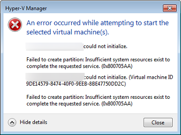 Hyper-V Manager 无法启动错误消息窗口。