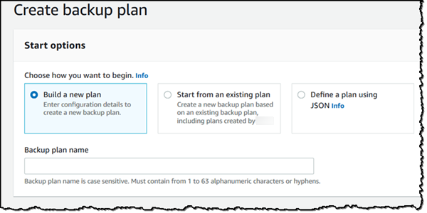 
                        Amazon备份控制台创建备份计划页面，选中 “生成新计划”。
                    